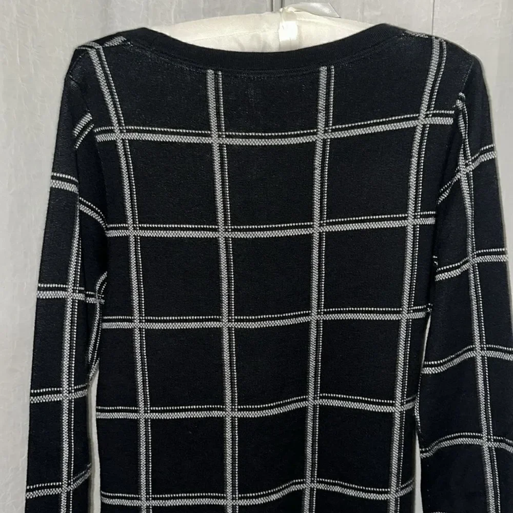 Cynthia Rowley M Black White Window Plane Plaid Long Sleeve Crew Sweater Dress